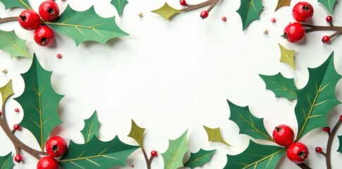 Colorful paper cutout festive holly leaves and berries on white background , holiday, holly, decoration