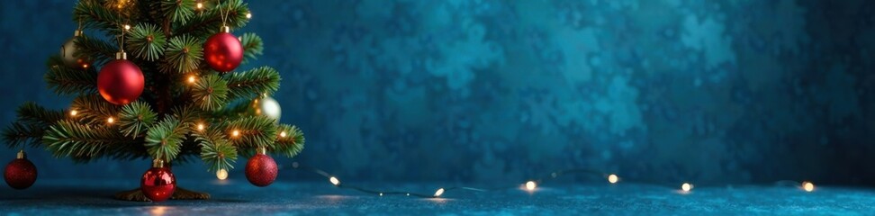 Modern Christmas tree with ornaments and lights on blue background, holiday, lights