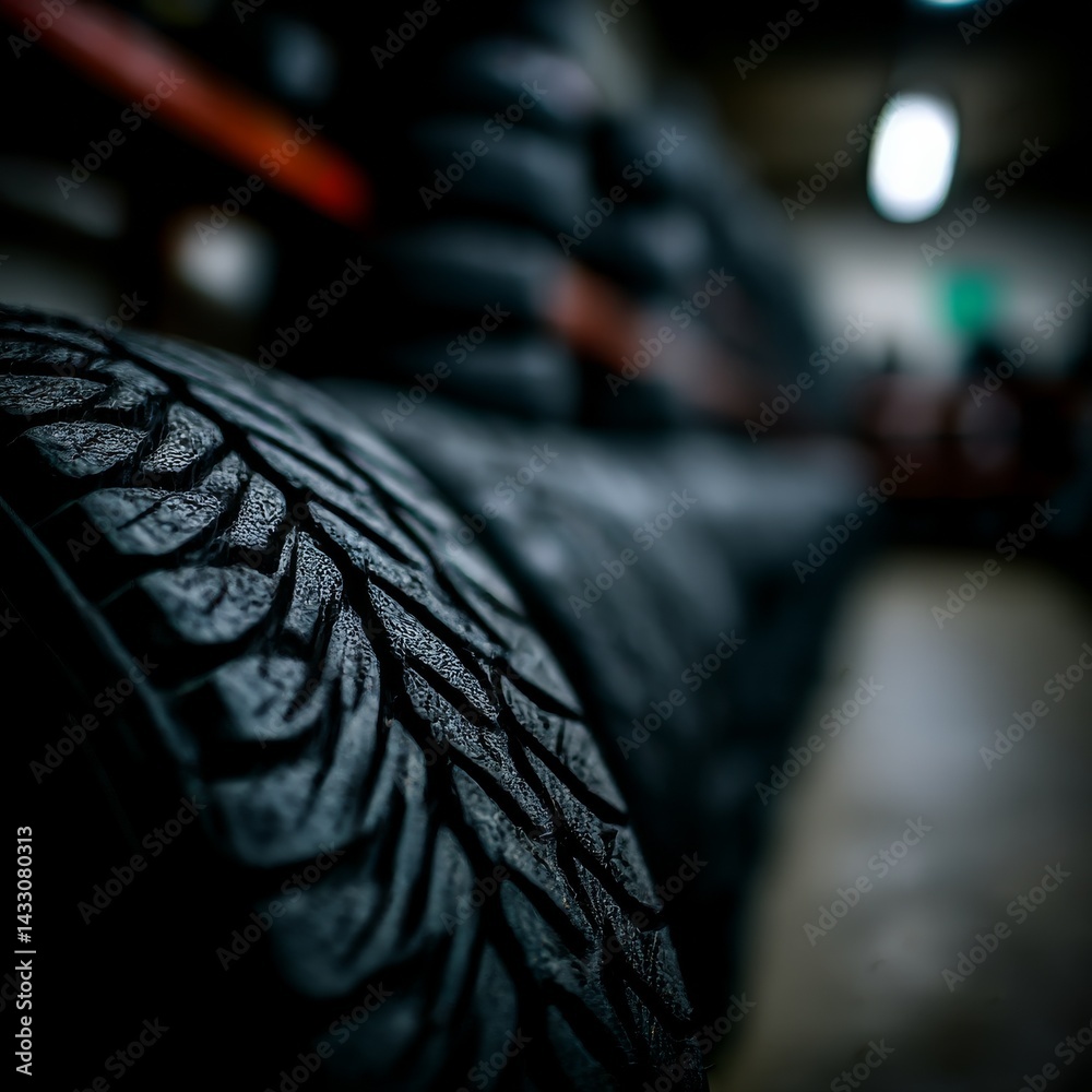 Poster a close-up of stacked car tires in a garage, highlighting the texture and depth of the treads.