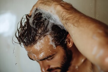 Naklejka premium Man washing hair with shampoo on white background