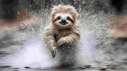 Obraz premium Playful Sloth Splashing in Water: A Charming Wildlife Moment