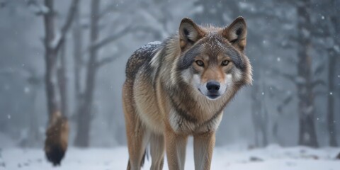 Obraz premium Majestic Eurasian wolf amidst falling snow, winter scene , wildlife, winter scene