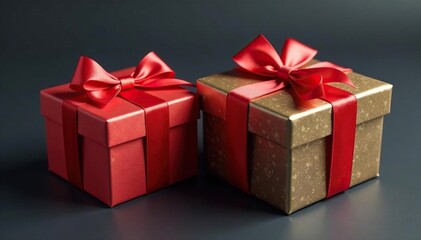 Obraz premium Elegant red ribbon tied gift boxes, gold accents, holiday gift, present, celebration
