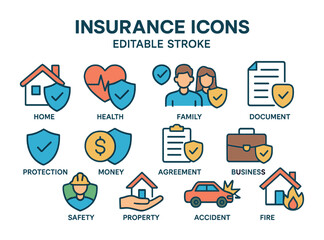Insurance and protection icons set – editable stroke style safety, finance, and health symbols for risk management: home, health, family, document, money, accident.
