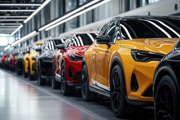 Mass production of modern cars on busy factory line