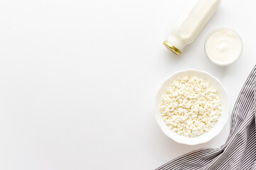 Protein food concept. Various dairy products - milk and cottage cheese with sour cream