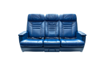 Spacious triple blue leather airplane seats with individual seatbelts and armrests, offering comfort and style, isolated on a transparent background