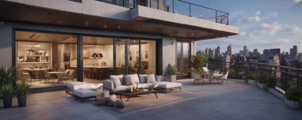 Obraz premium Modern condo unit, city view, rooftop terrace, steel, concrete, apartment