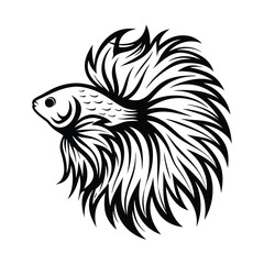 Betta Fish Silhouette, Ornamental Siamese Fighting Fish with Flowing Fins, Monochrome Art