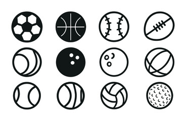 Sports ball outline icons set – linear style for fitness, recreation, and team sports graphics: soccer, basketball, baseball, football, tennis, bowling, volleyball, golf.