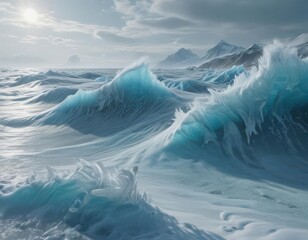 Frozen ocean waves sculpted by ice, glacier blue hues dominate ,  blue,  still,  glacial