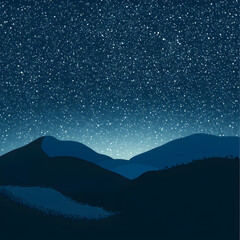 Obraz premium Celestial Peaks: Under the cloak of night, silhouettes of majestic mountains stand in quiet majesty, adorned by a sky brimming with radiant stars. Capturing serenity, peace, and vastness.