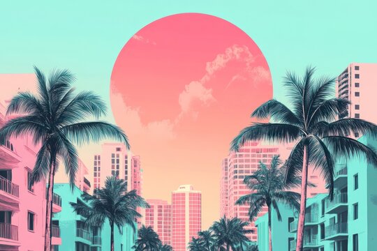 Retro Miami summer vibes illustration with palm trees and pastel buildings