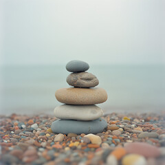 Balanced Rocks on Beach: A serene stack of smooth, diversely colored stones precariously balanced on a pebble beach, with a hazy ocean in the background. The scene evokes a sense of calm and balance.