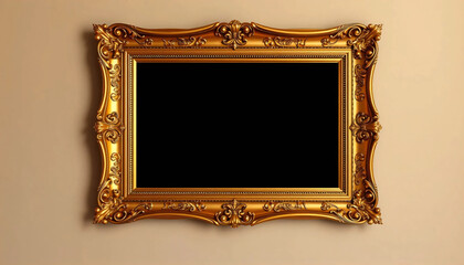 Gold Ornate Picture Frame with Intricate Patterns Against a Beige Wall
