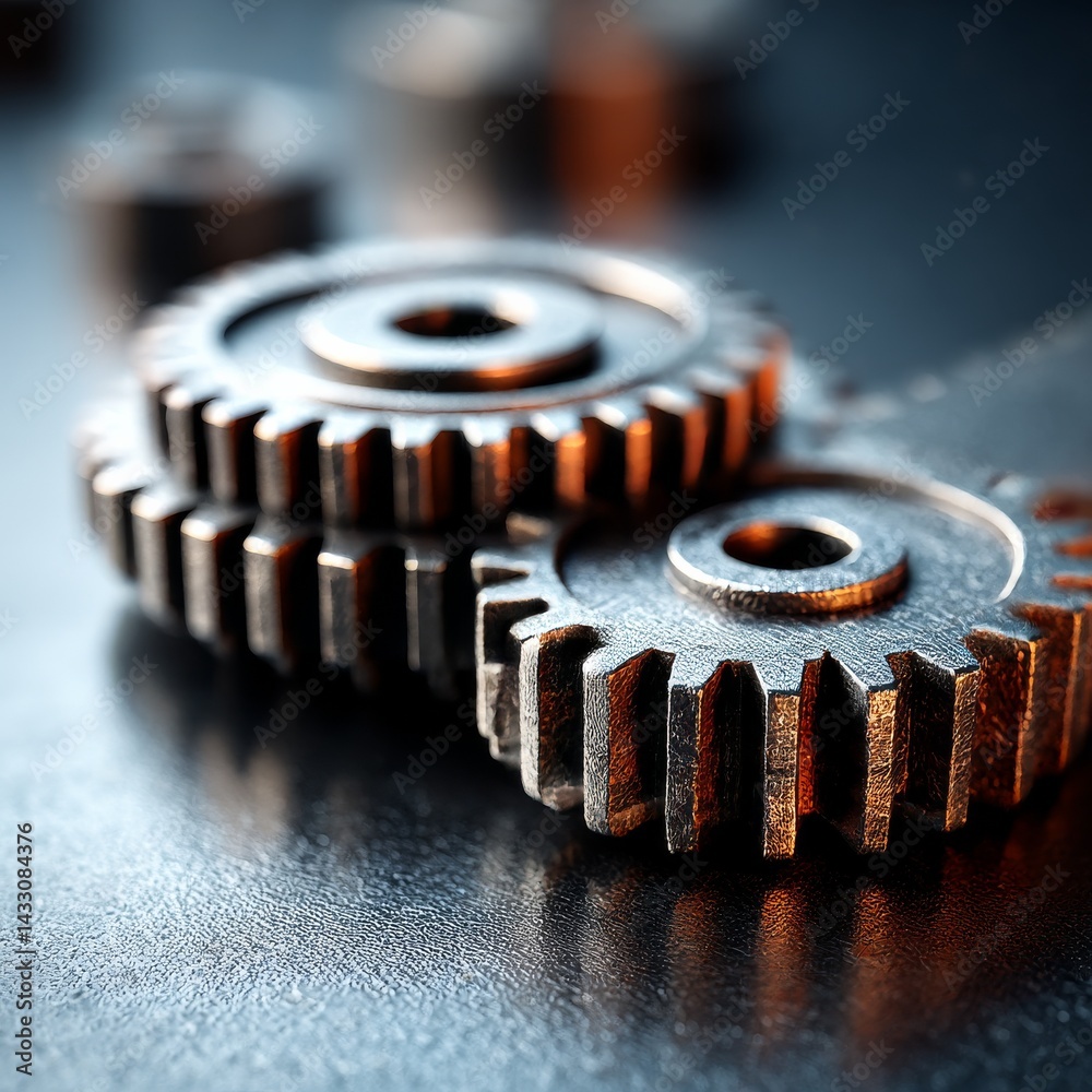 Poster Macro View of Two Interlocking Metal Gears, Showing Detail and Precision Engineering