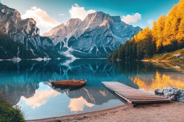 Obraz premium Picturesque alpine lake with wooden dock and reflections.