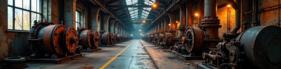 Fototapeta premium Rusty industrial machinery and pipes in a dimly lit abandoned factory, industrial ruins, urban grime