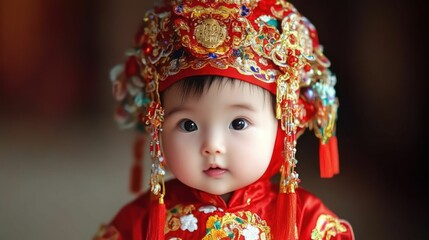 Chinese baby wears vibrant red traditional costume, elaborate headdress radiates celebratory, cultural heritage.
