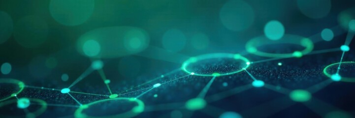 Geometric pattern of interconnected circles with shades of blue and green representing online connections, interactions, color