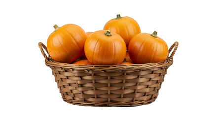 Obraz premium Group of small, orange pumpkins sits in a light brown woven basket against a plain background.