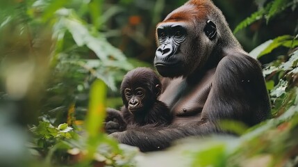 Obraz premium Close-up view of a gorilla mother and her baby in a lush jungle setting.