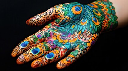 Colorful Traditional bangladeshi Mehndi Hand Design with Peacock Motif.