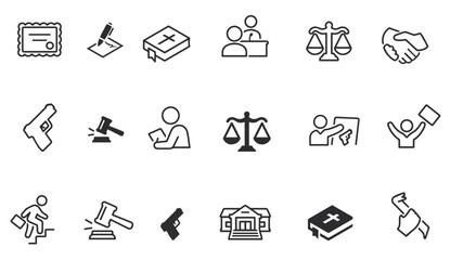 Set of Law and justice line icons vector illustration. Collection icon of legal, arrest, authority, courthouse, gavel, weapon and more.