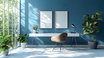 Modern Minimalist Office Interior with Blue Wall and White Desk