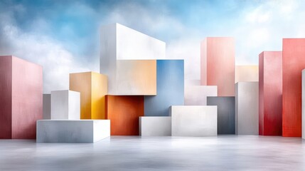Abstract cityscape, colorful blocks, bright sky, modern scene