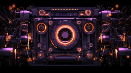 Machine interface with glowing lights, controls, and intricate details for technology