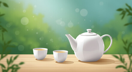 Fototapeta premium Serene Tea Ceremony: White Teapot and Cups in a Tranquil Garden