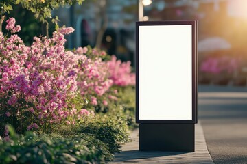 Blank digital signboard mockup with spring flowers background
