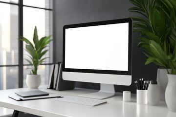 Fototapeta premium Bright modern office workspace with computer screen mockup
