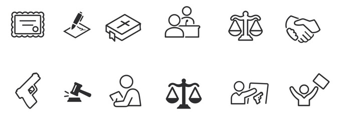 Set of Law and justice line icons vector illustration. Collection icon of legal, arrest, authority, courthouse, gavel, weapon and more.