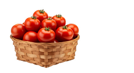Heap of plump, crimson tomatoes nestled within a light brown woven basket against a black background.