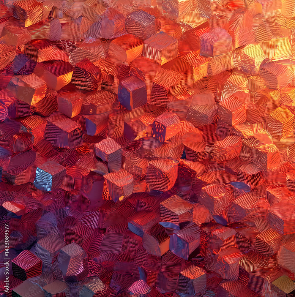 Poster Abstract image of red and orange textured cubes creating a dynamic, three-dimensional effect, showcasing energy and depth, suitable for various design projects