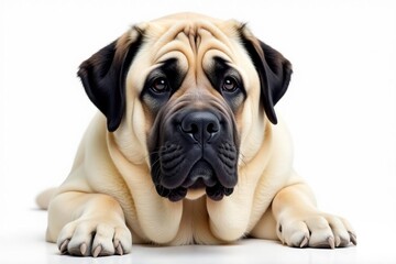 Obraz premium Large Mastiff, calm expression, pure white backdrop, peaceful, full body