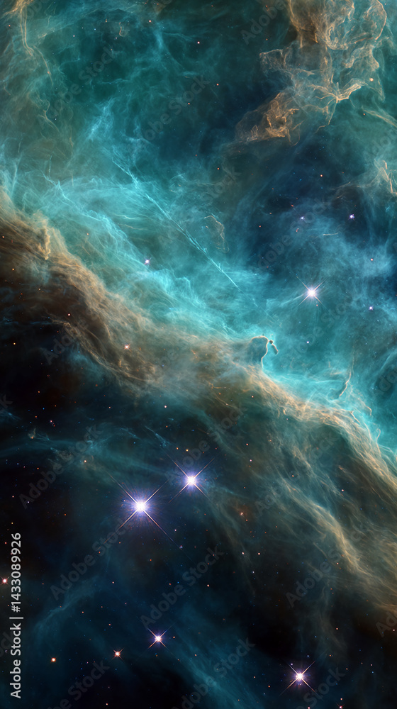 Poster teal and gold nebula texture, cosmic dust and gas swirling, creating a vibrant space scene, represen