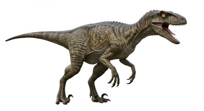 Isolated full body shot of a velociraptor with mouth open on a white background in a studio shot - Powered by Adobe