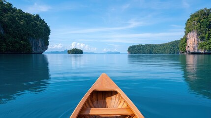 Naklejka premium Serene Island Getaway: Wooden Boat in Tropical Bay