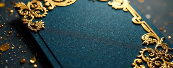 Close-up of golden foil-stamped invitation card with intricate details and patterns , luxury, card, invitation