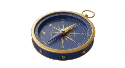 A close up of a blue and gold compass on a white background pointing to the north direction