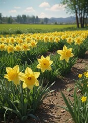Close-up vibrant daffodils, sunny day, lush green field, photography, Easter