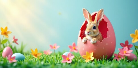 Fototapeta premium Colorful paper cut rabbit egg card with bunny hiding inside, colorful eggs, Easter eggs, spring decorations