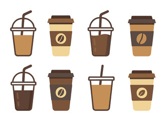 Coffee beverage icons set - flat style café, drink, and espresso symbols for menu design: latte, cappuccino, iced coffee, cold brew, frappuccino, takeout cup, straw.