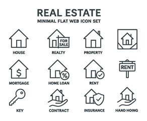 Real estate outline icons set &ndash; minimalist flat property, home buying, and renting symbols: house, mortgage, home loan, rent, key, contract, insurance
