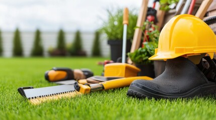 Gardening Tools & Safety Gear on Grass