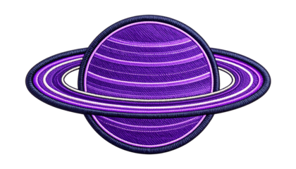 Isolated embroidered patch logo featuring a ringed gas giant planet glowing in violet hues isolated on solid white background 