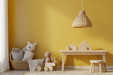 baby room with teddy bear，Vibrant yellow wall background featuring a children's bed and wooden toys, crafting an inviting kids' room decor.